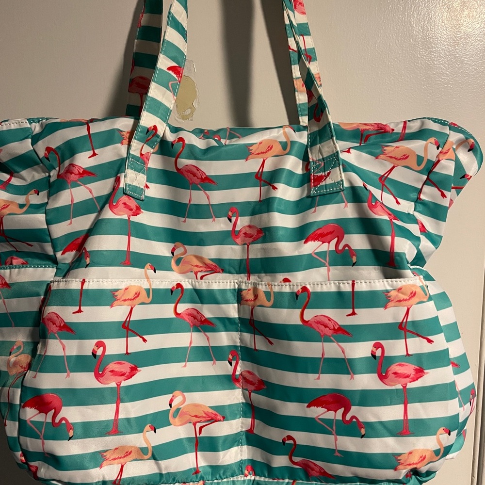 Flamingo Print Striped Beach Bag